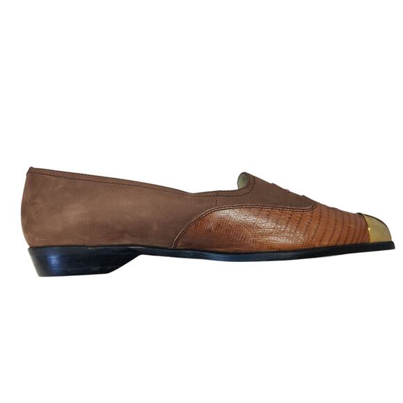 Vtg 90s Josephine Gold Capped Western Nubuck Leather Croc Embossed Flats 8 - Picture 5 of 12